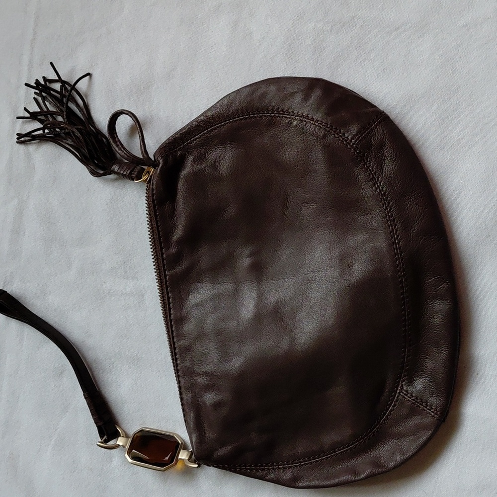 Leather Clutch Purse by Laundry Shelli Segal Brown Tassel Zip with Wrist Strap